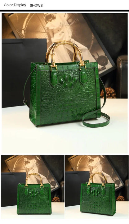 Crocodile Pattern Leather Women's Handbags Bamboo Handle Portable Tote Bag Mom Tide Shoulder Messenger Bags 2025 New Fashion
