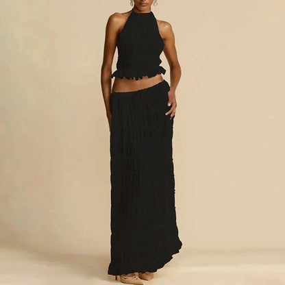Beach Dresses Women 2024 Skirt Set Sleeveless Backless Cropped Halter Tops Drawstring Long Skirts Elegant Fashion 2 Piece Sets