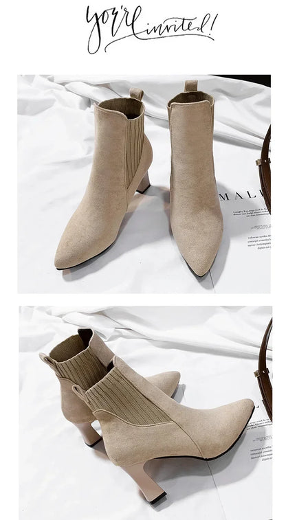 Ankle Boots Women 2024 Autumn Pointed Toe Knitted Warm Elastic Women's Shoes Casual High Heels Platform Boots Botas De Mujer