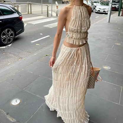 Beach Dresses Women 2024 Skirt Set Sleeveless Backless Cropped Halter Tops Drawstring Long Skirts Elegant Fashion 2 Piece Sets