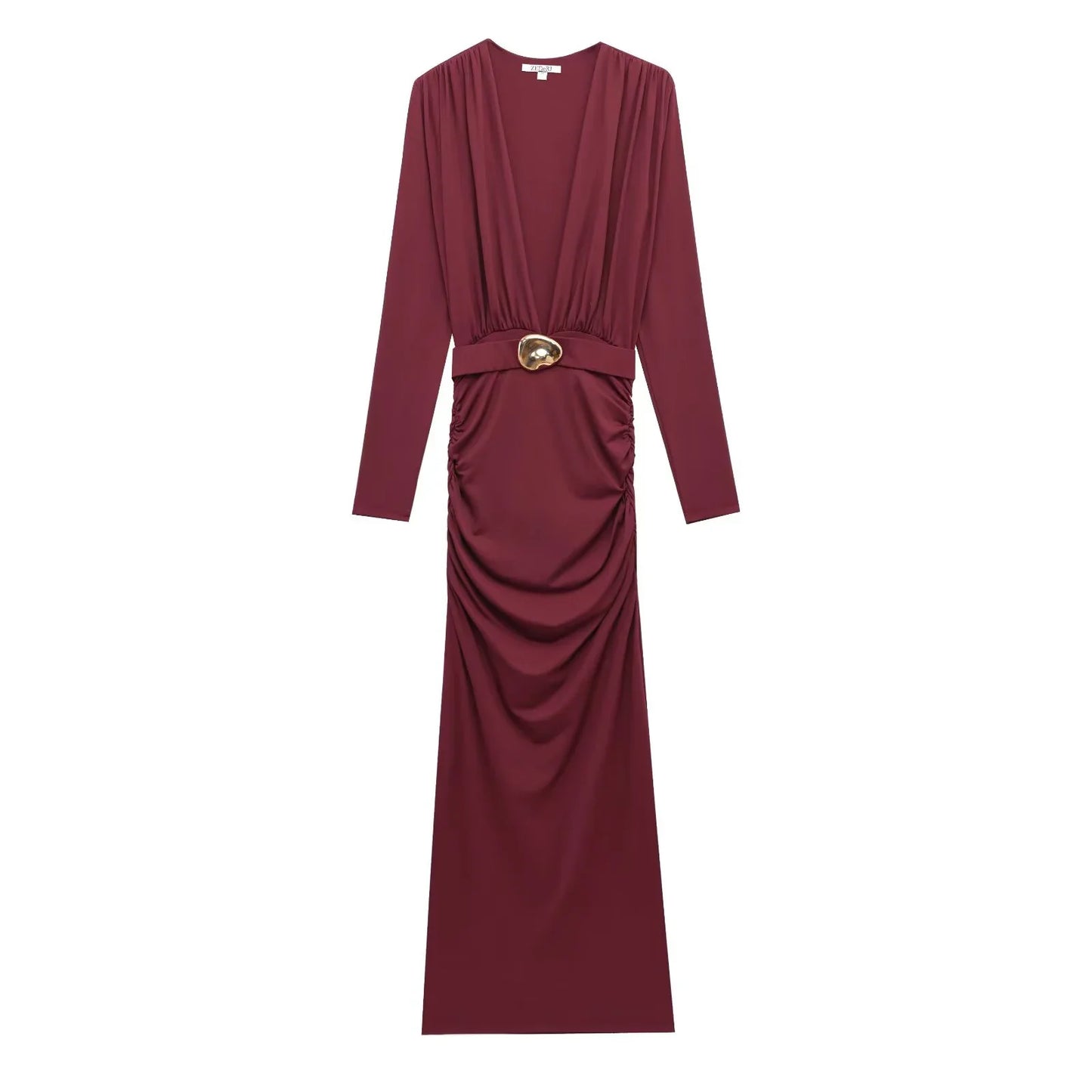 Spring Women's French Evening Dress With Pleated Embellished Waistband Long Sleeved V-neck And Elegant Dress