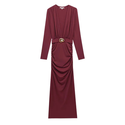 Spring Women's French Evening Dress With Pleated Embellished Waistband Long Sleeved V-neck And Elegant Dress
