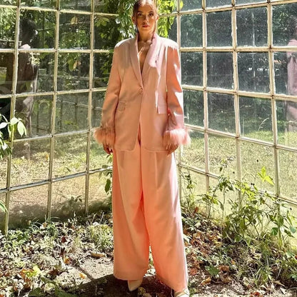 HXAO Feather Blazer And Pants Sets Women's Two Pieces Set Formal Pink Suit Woman Office Wear 2 Piece Sets Ladies Blazer Sets