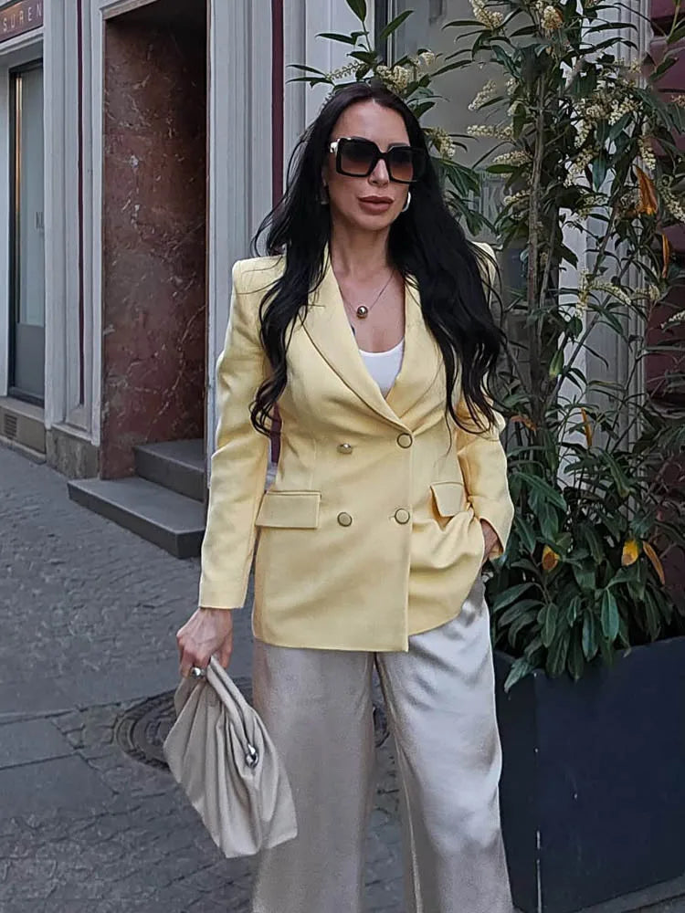 HH Women New Fashion Blazer Suit Lapel Double-Breasted Pocket Casual Coat+Chic High Waist Loose Zipper Slim Long Pants Suit