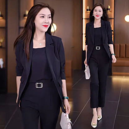 Summer Thin Jacket Blazer Casual Pencil Pants Vest Three Piece Set Elegant Women's Pants Set Office Outfits Business Clothing