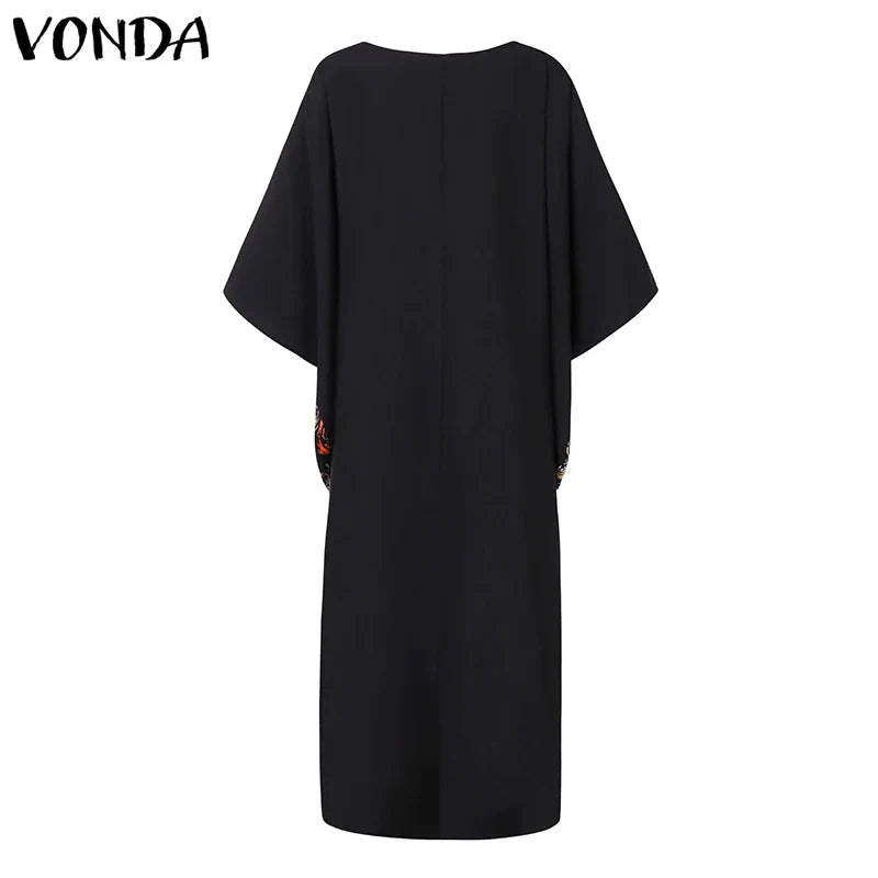 Plus Size VONDA Women Foral Printing Bohemian Maxi Dress 2025 Causal Puff Sleeve Sundress Holiday Eelgant Vestido NO Tassel