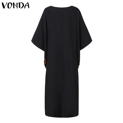 Plus Size VONDA Women Foral Printing Bohemian Maxi Dress 2025 Causal Puff Sleeve Sundress Holiday Eelgant Vestido NO Tassel