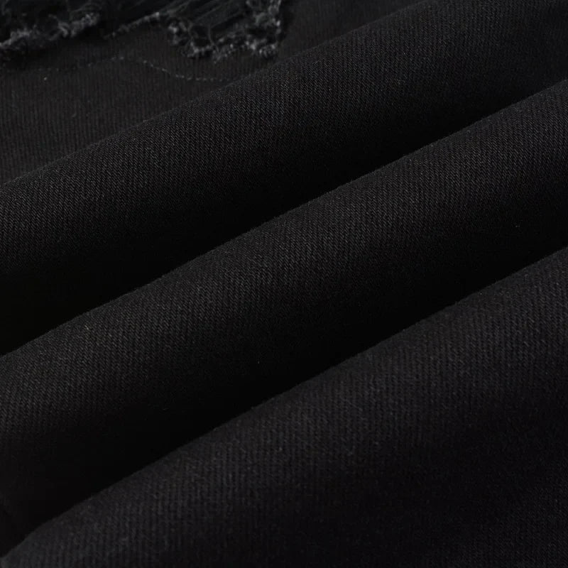 Men's Distressed Black Classical Leather Ribs Patchwork Holes Stretch Slim Fit Streetwear Designer Ripped Jeans