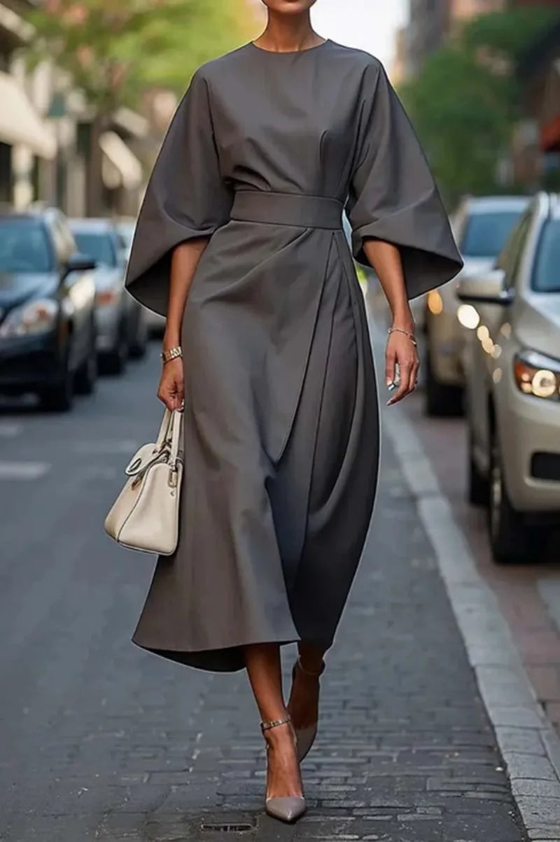 Spring Summer New Women's Fashion Style Elegant Solid Color Waist Dress Casual Bat Sleeve Long Dress Vestidos Para Mujer