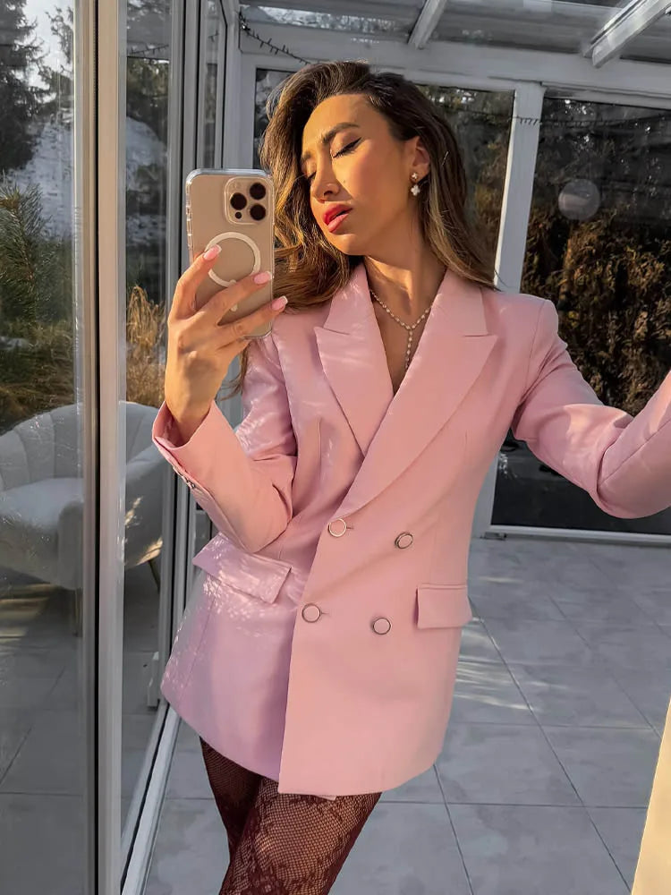 HH Women New Fashion Blazer Suit Lapel Double-Breasted Pocket Casual Coat+Chic High Waist Loose Zipper Slim Long Pants Suit