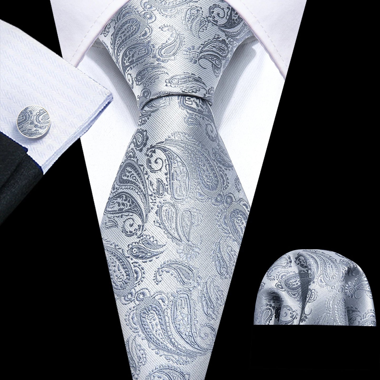 Barry.Wang Black White Gray Silver Silk Men Tie Handkerchief Cufflinks Set Jacquard Necktie for Male Wedding Business Party Gift