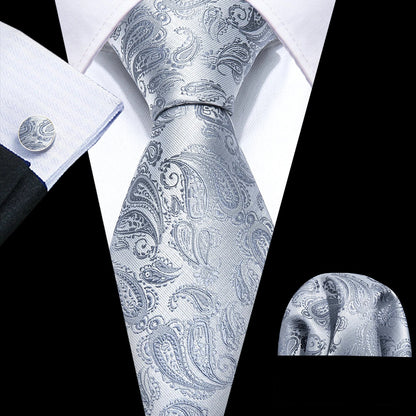 Barry.Wang Black White Gray Silver Silk Men Tie Handkerchief Cufflinks Set Jacquard Necktie for Male Wedding Business Party Gift