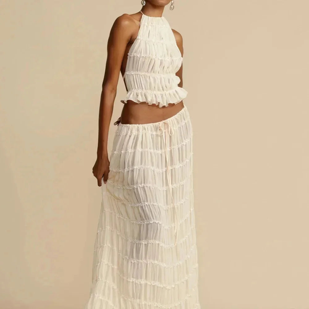 Beach Dresses Women 2024 Skirt Set Sleeveless Backless Cropped Halter Tops Drawstring Long Skirts Elegant Fashion 2 Piece Sets
