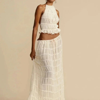 Beach Dresses Women 2024 Skirt Set Sleeveless Backless Cropped Halter Tops Drawstring Long Skirts Elegant Fashion 2 Piece Sets