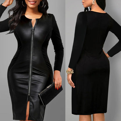 Plus Size Elegant Zipper PU Leather V-Neck Midi Long Sleeve Bodycon Dress Women's plus Size Dress Fashionable Cross-Border Gown