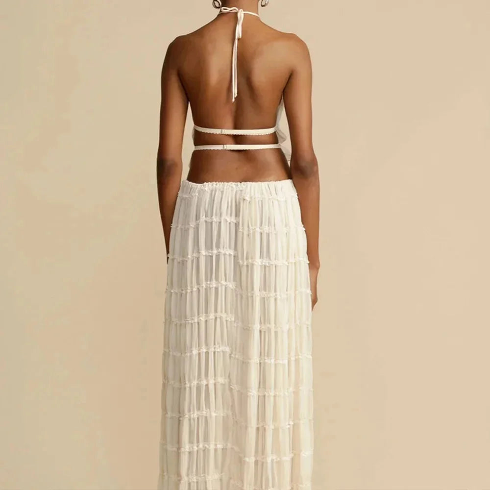 Beach Dresses Women 2024 Skirt Set Sleeveless Backless Cropped Halter Tops Drawstring Long Skirts Elegant Fashion 2 Piece Sets