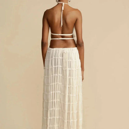 Beach Dresses Women 2024 Skirt Set Sleeveless Backless Cropped Halter Tops Drawstring Long Skirts Elegant Fashion 2 Piece Sets