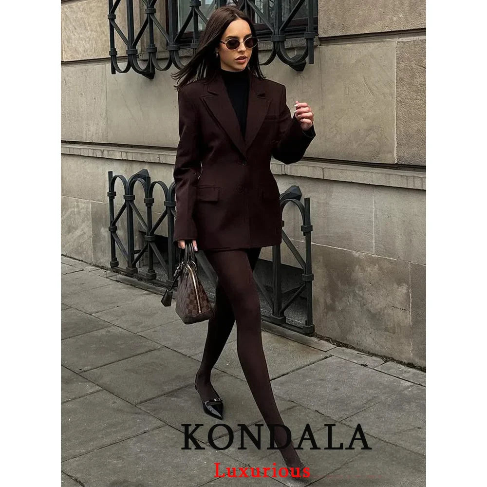 KONDALA Chic Casual Solid Women Suit Pockets Button Blazer Straight Loose Pants Zipper Skirt New Fashion 2025 Autumn Winter Sets