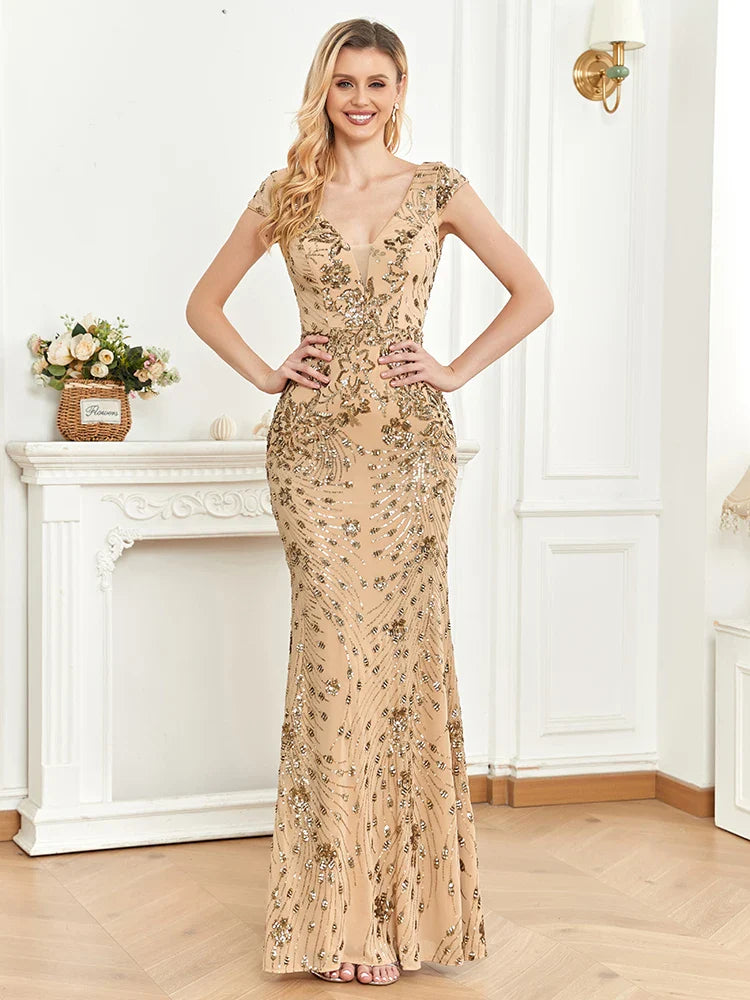 Lucyinlove Elegant Champagne Evening Dress For Women Long 2025 Luxury Mermaid Formal Sequins Prom Wedding Party Cocktail Dresses