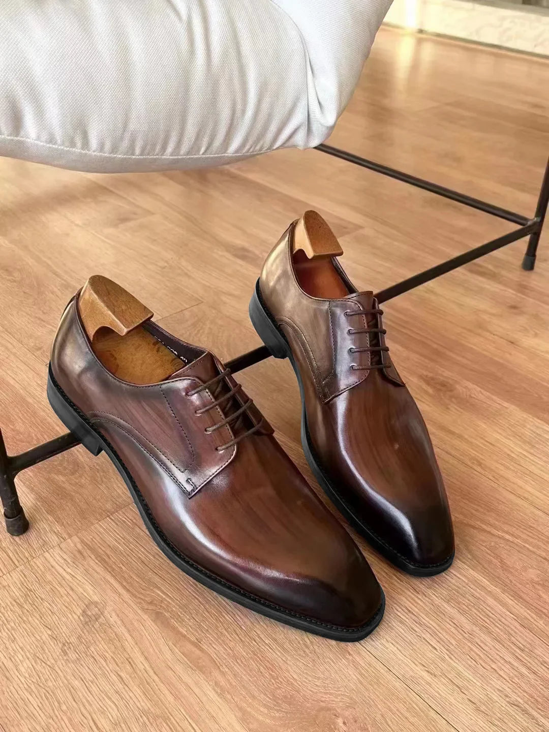 Men's Business Casual Shoes Distressed Wood Grain Square Toe Leather Derby Comfortable Office Wear Formal Dress Shoes Footwear