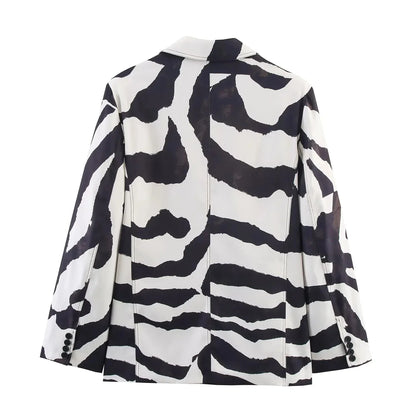 KONDALA Vintage Zebra Print Women Suits V Neck Oversized Long Blazer High Waist Wide Leg Pants Fashion 2025 Fall Streetwear Suit