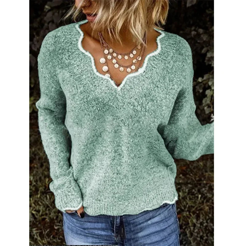ALLUKASA 2025  Autumn Winter Women's Solid Color Long Sleeved V-neck Knitted Cute Pullover Sweater Loose