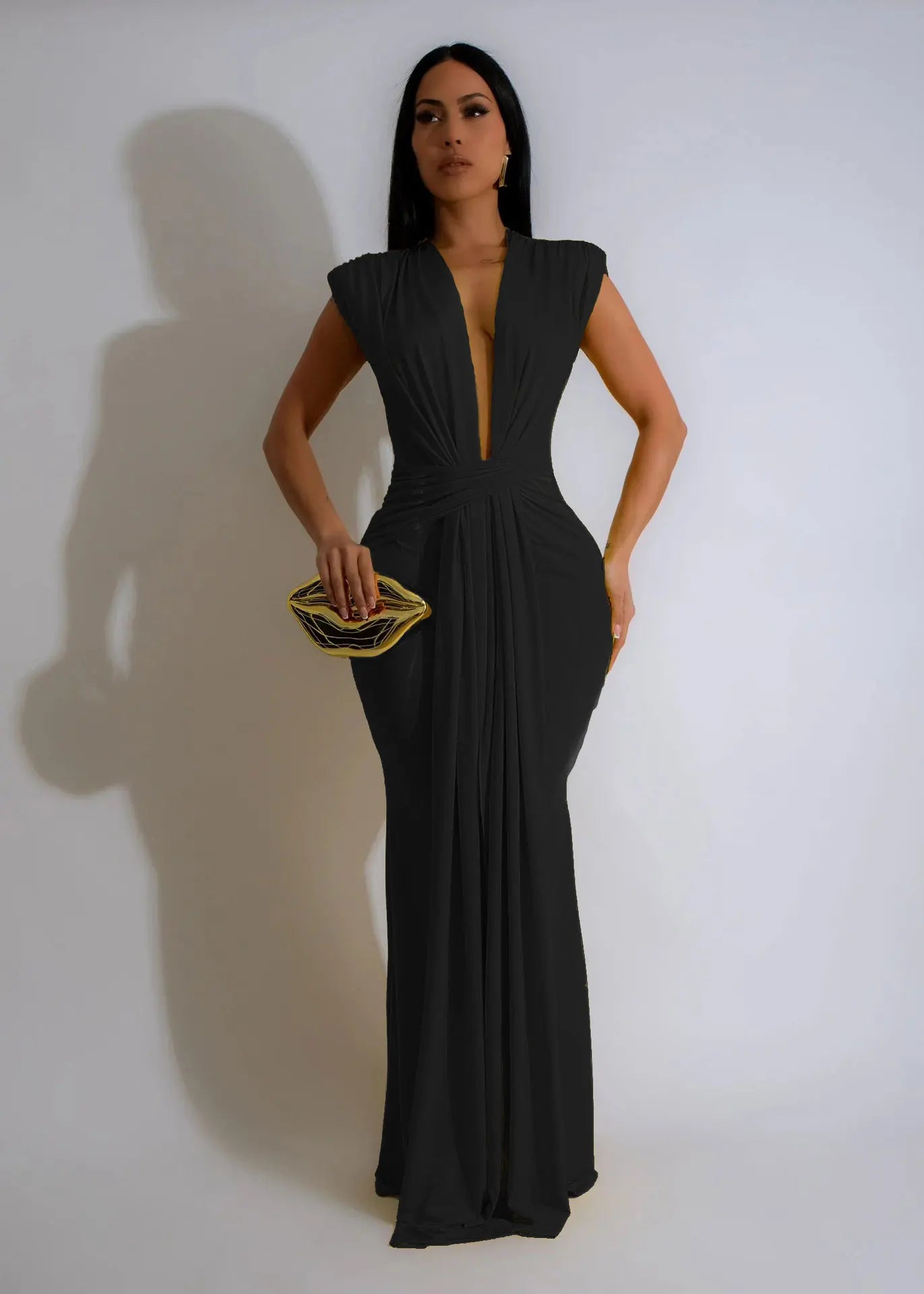 Dress Women Long Dresses Deep V Neck Sleeveless Solid Slim Fit Tight Waist Sexy Elegant Splice Hip Wrap Temperament Vestidos