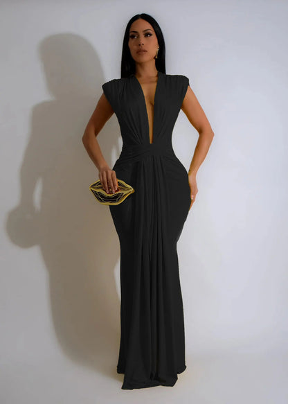 Dress Women Long Dresses Deep V Neck Sleeveless Solid Slim Fit Tight Waist Sexy Elegant Splice Hip Wrap Temperament Vestidos