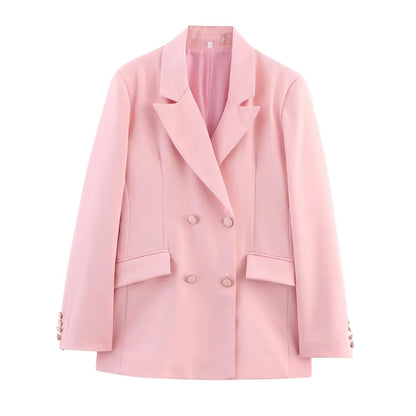 HH Women New Fashion Blazer Suit Lapel Double-Breasted Pocket Casual Coat+Chic High Waist Loose Zipper Slim Long Pants Suit