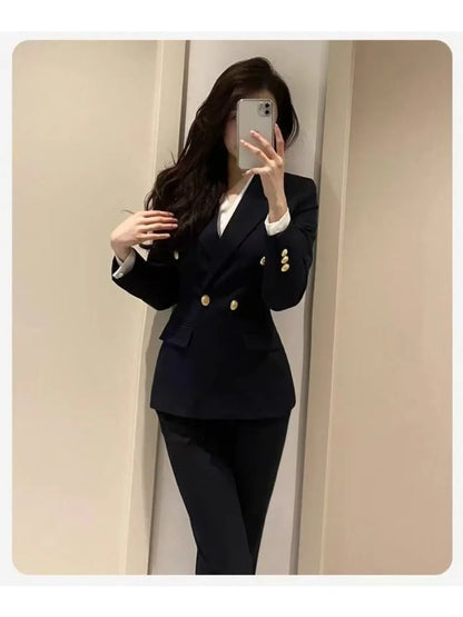 Navy Black Fashion Women Pant Suit Long Sleeve Solid Ladies Blazer and Trouser Formal 2 Piece Set For Autumn Winter