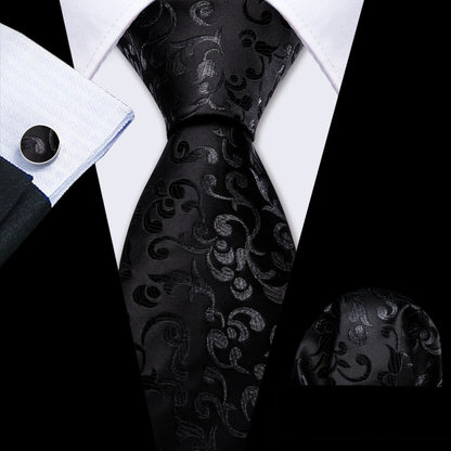 Barry.Wang Black White Gray Silver Silk Men Tie Handkerchief Cufflinks Set Jacquard Necktie for Male Wedding Business Party Gift
