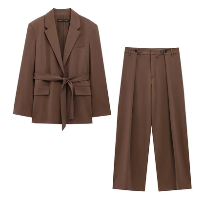 KONDALA 2026 Spring Office Lady Elegant Brown Women Suit Fashion Casual Sashes Oversized Shrug Blazer Chic Zipper Long Pant
