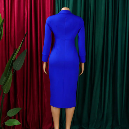 Elegant Bodycon Dresses for Women V Neck Full Sleeve Solid Sheath Package Hips Mid Calf Professional Business Work Dress Midi OL