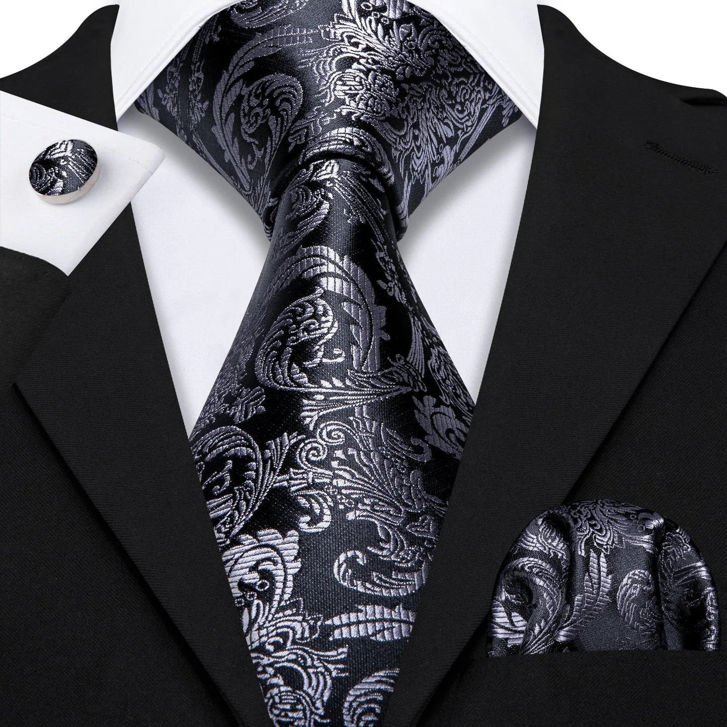 Barry.Wang Black White Gray Silver Silk Men Tie Handkerchief Cufflinks Set Jacquard Necktie for Male Wedding Business Party Gift