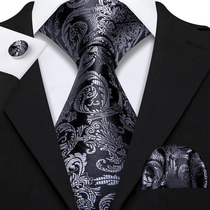 Barry.Wang Black White Gray Silver Silk Men Tie Handkerchief Cufflinks Set Jacquard Necktie for Male Wedding Business Party Gift
