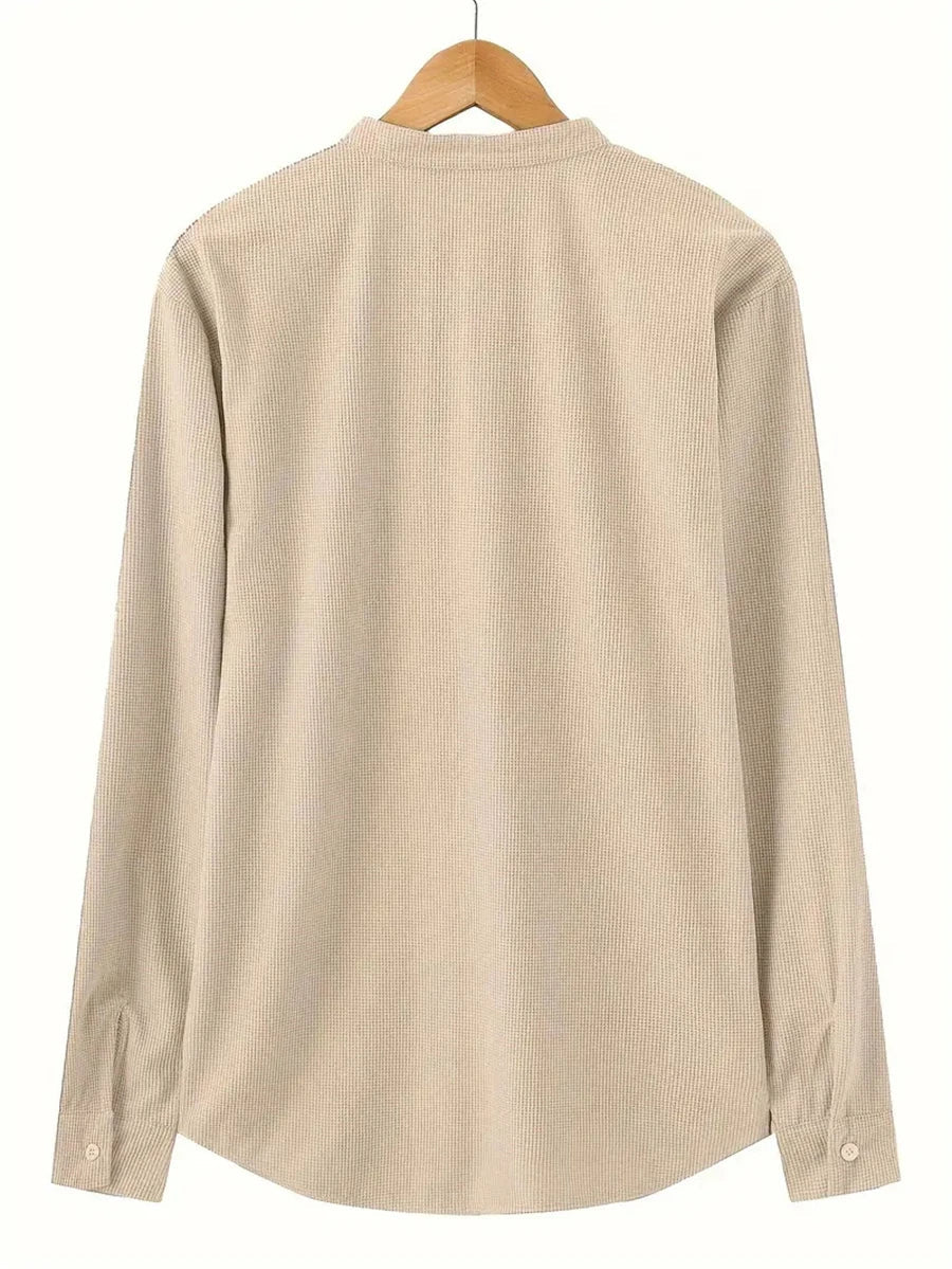 Men's Spring Shirts Solid Color Casual Henry Neck Long Sleeve Outdoor Simple Male Waffle top Thin Button Tops
