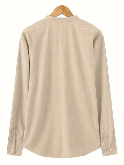 Men's Spring Shirts Solid Color Casual Henry Neck Long Sleeve Outdoor Simple Male Waffle top Thin Button Tops