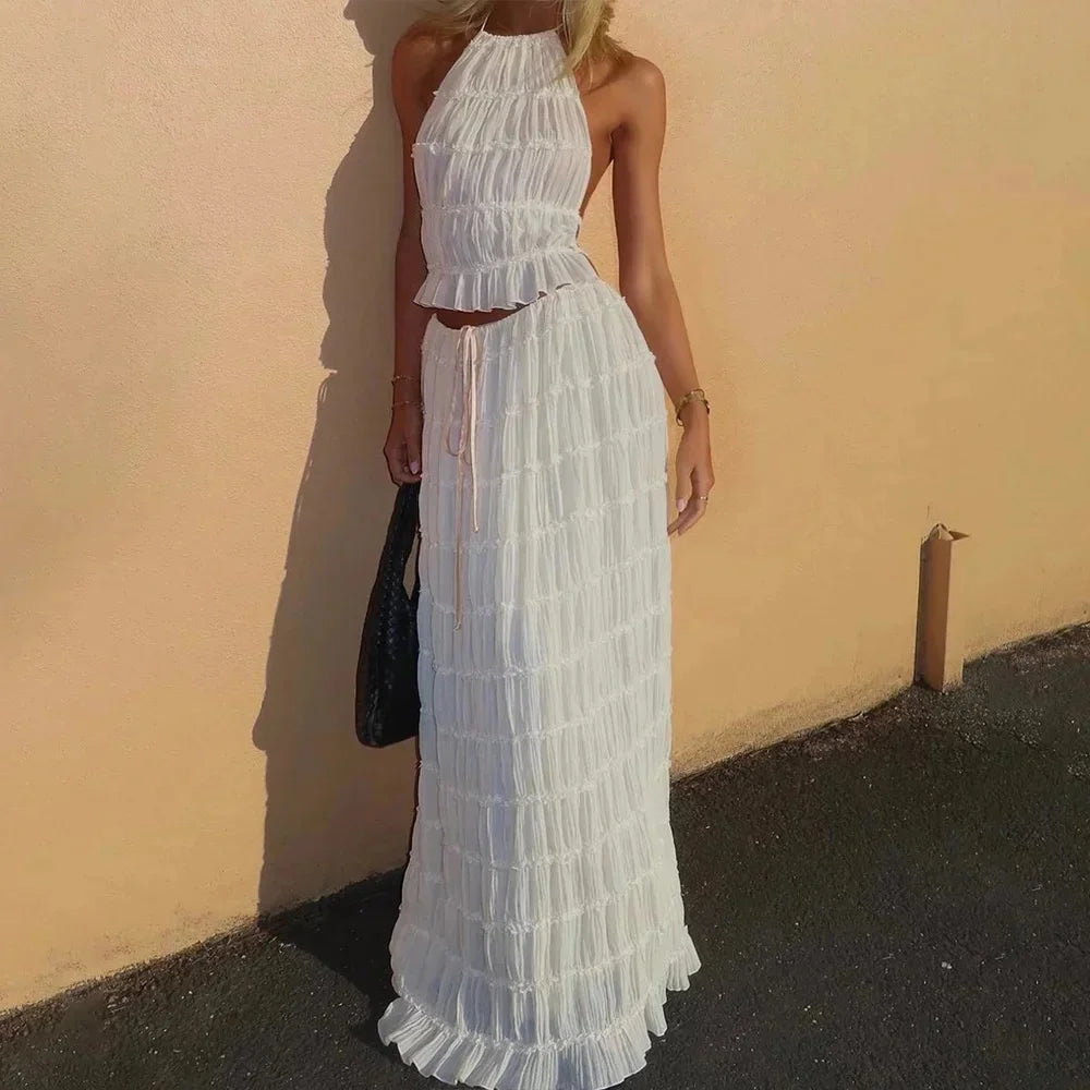 Beach Dresses Women 2024 Skirt Set Sleeveless Backless Cropped Halter Tops Drawstring Long Skirts Elegant Fashion 2 Piece Sets