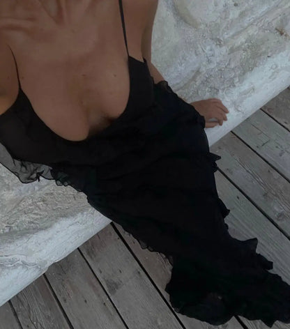 New 2026 Women's Ruffles Chiffon Maxi Dress Backlesss Split Sexy Porm Dress Red Long Summer Wedding Party Dress Elegant Vestidos