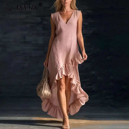 2026 Spring Sexy V Neck Solid Long Dresses Woman Elegant Ruffle Hem Irregular Party Dresses Summer Sleeveless Casual Beach Dress