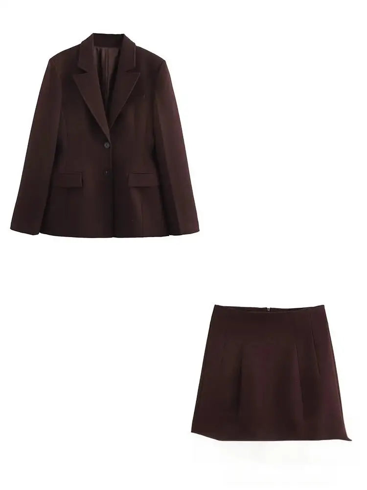 KONDALA Chic Casual Solid Women Suit Pockets Button Blazer Straight Loose Pants Zipper Skirt New Fashion 2025 Autumn Winter Sets