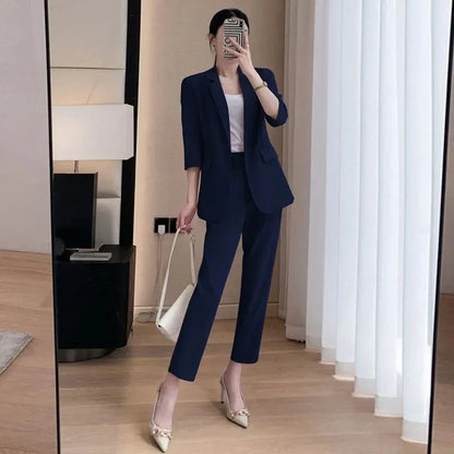 Korean Office Lady Summer Work Thin Solid Slim Blazers Pants Two Piece Set Women's Proffession Uniform Coat Trousers Outfits