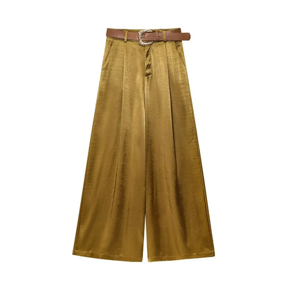 KONDALA Casual Chic Yellow Satin Women Suits V Neck Buttons Vest High Waist Wide Leg Pants Fashion 2025 Summer Holiday Suits