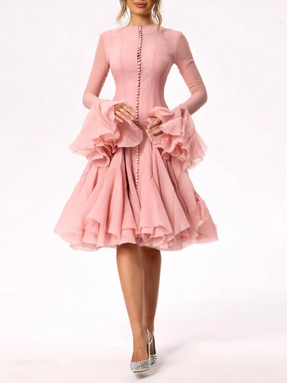 Solid Women Layered Ruffles Midi Dress Fashion Irregular Pleated A-line Long Sleeve Button Robe 2025 Female High Street Vestidos
