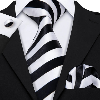 Barry.Wang Black White Gray Silver Silk Men Tie Handkerchief Cufflinks Set Jacquard Necktie for Male Wedding Business Party Gift