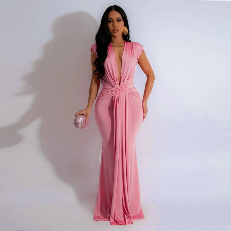 Elegant Bodycon Dresses for Women Sexy Deep V Neck Sleeveless Maxi Dress Mermaid Guest Evening Party Cocktail Long Dress Gown