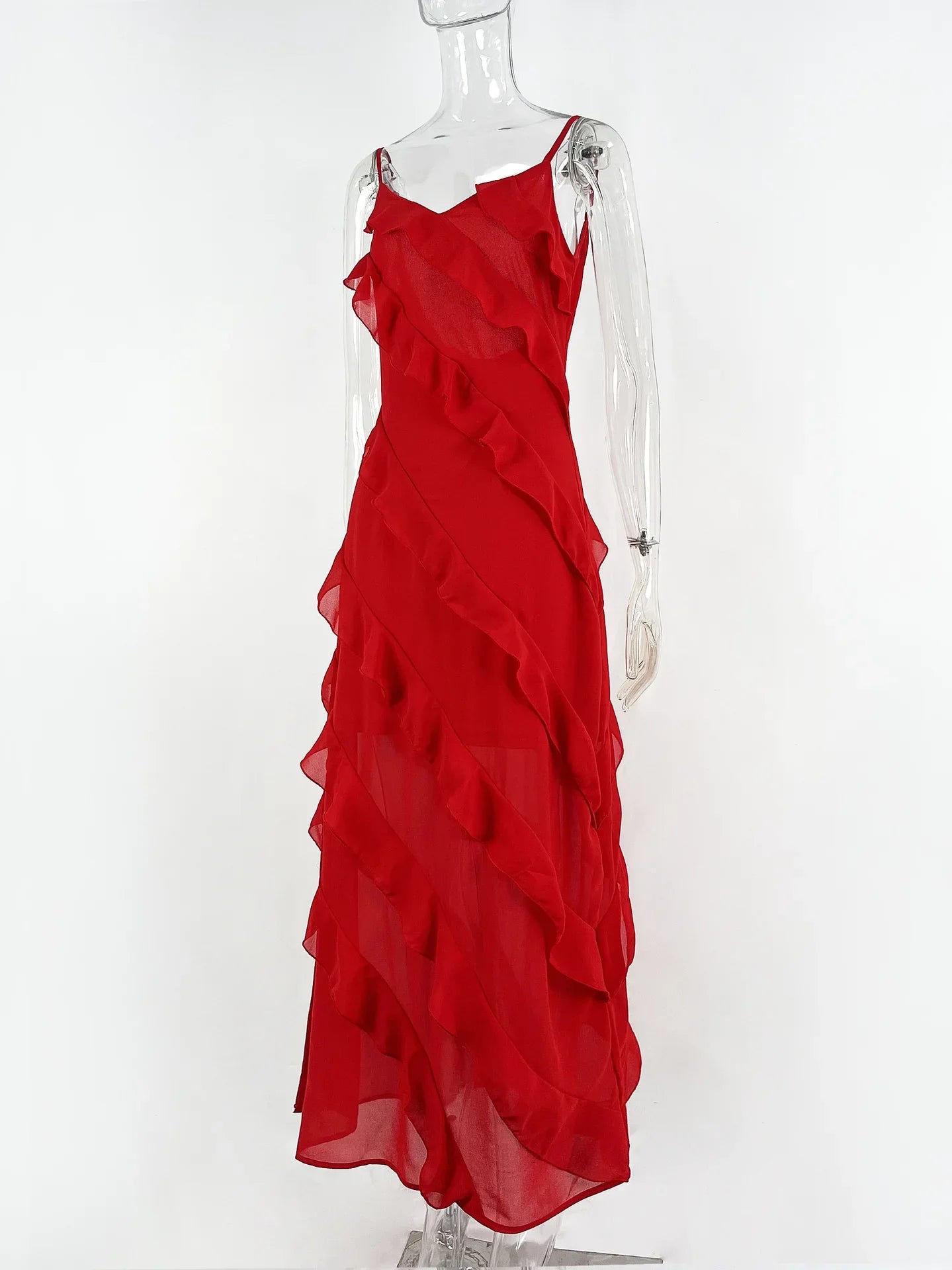 New 2026 Women's Ruffles Chiffon Maxi Dress Backlesss Split Sexy Porm Dress Red Long Summer Wedding Party Dress Elegant Vestidos