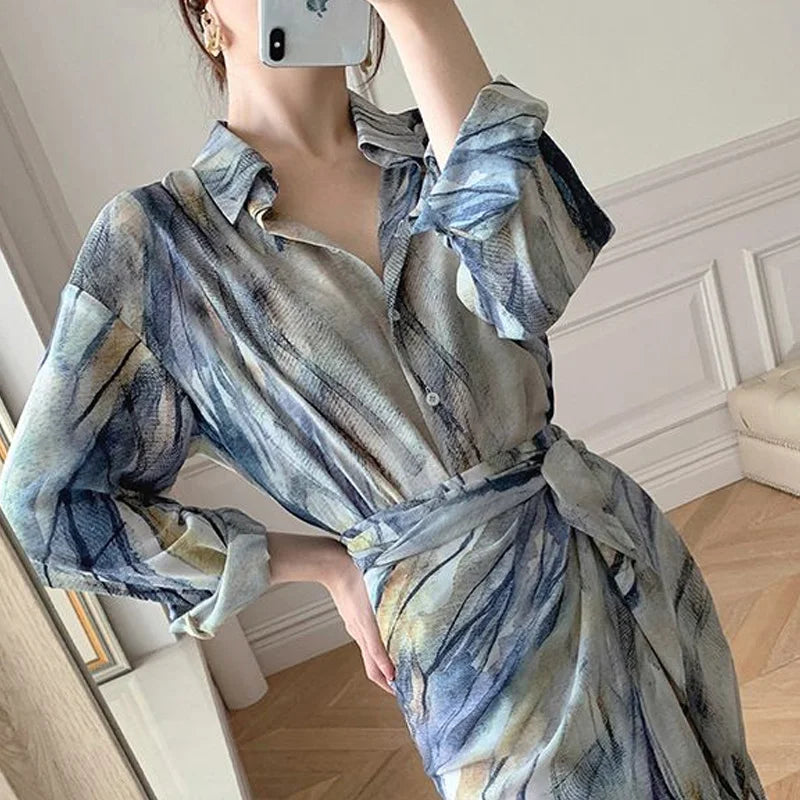 Spring Autumn New Fashion Dress Sets Women Turn-down Collar Long Sleeve Button Printing Shirt Lacing Mid-length A-line Skirt