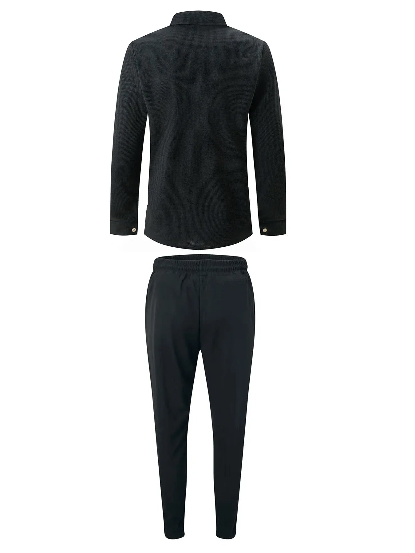 Spring and Autumn Men Waffle Solid Color Two-piece New Trend Lapel Long-sleeved Shirt and Trousers Casual Outdoor Sports Suit