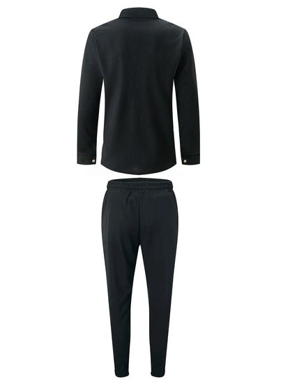 Spring and Autumn Men Waffle Solid Color Two-piece New Trend Lapel Long-sleeved Shirt and Trousers Casual Outdoor Sports Suit